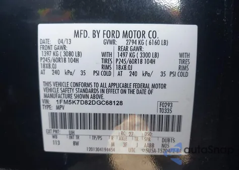 2013 Ford Explorer Xlt from USA, damaged, VIN 1FM5K7D82DGC68128